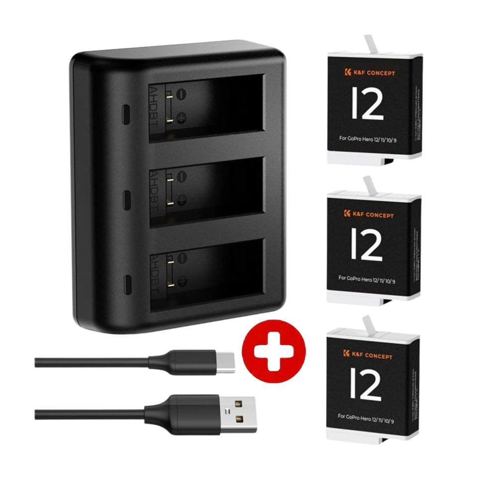 Combo: Cargador triple K&F Concept + 3 baterías para GoPro Hero 12/11/10/9, 1730 mAh, carga simultánea, LED